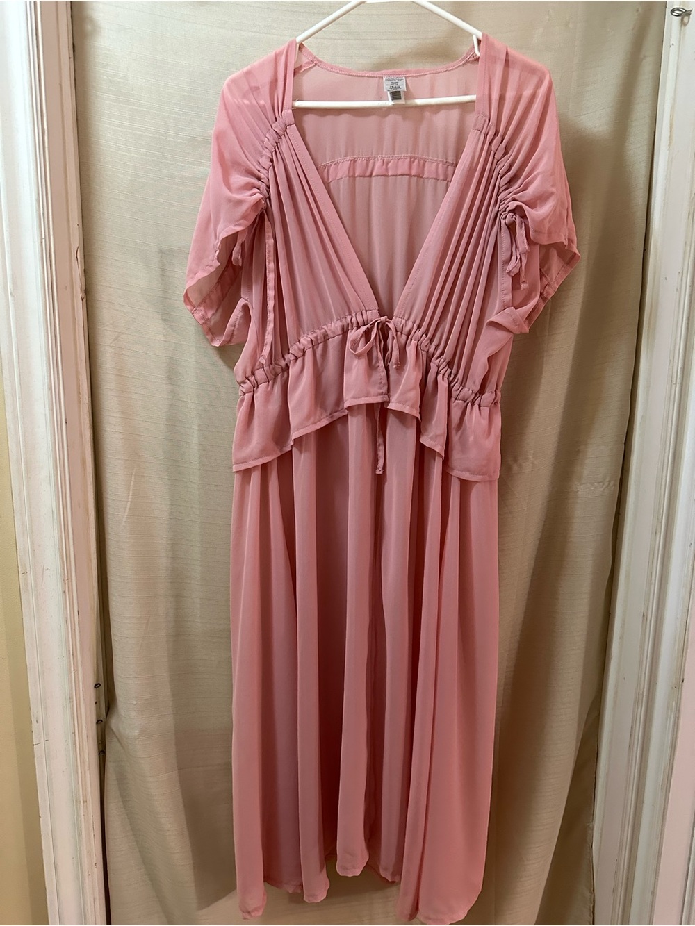 Sheer Pink Open Front Maxi Cover Up Tie Waist Ruched Sleeve Beach Duster